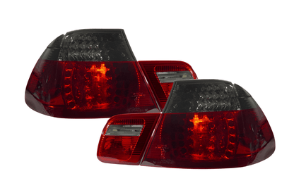 BMW E46 2D Depo LED tail lights by K2 Industries, set of four, for 2004-2006 models, showing illuminated red and clear lenses.