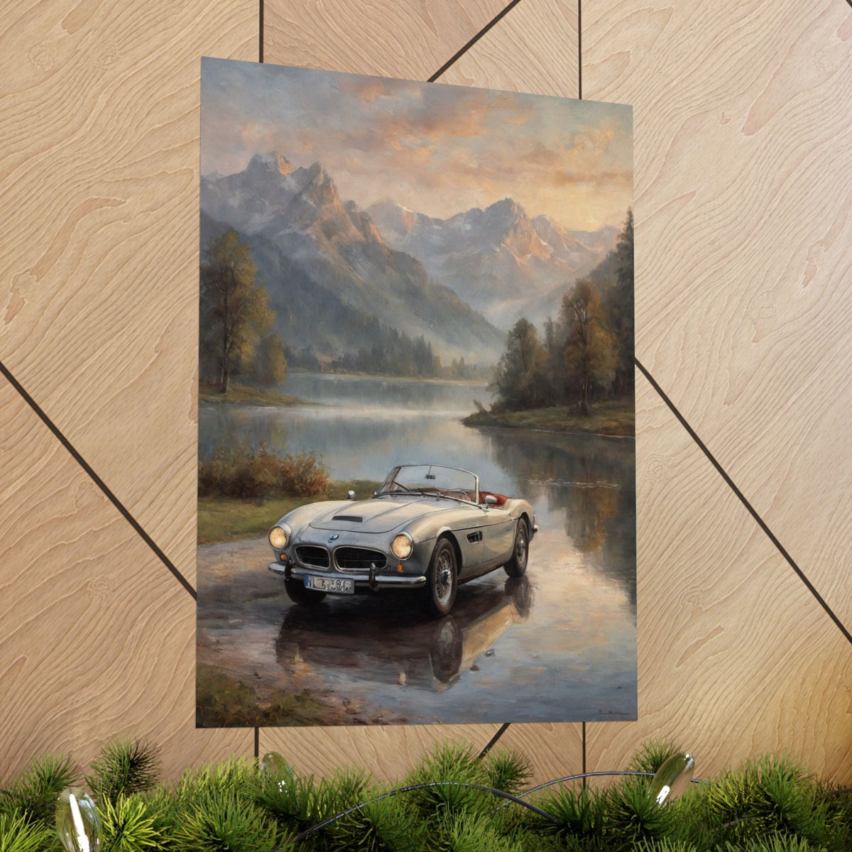 Vintage 1957 BMW 507 Roadster Poster | Alpine Lake Sunset Reflection Wall Art | Impressionist European Classic Sports Car Fine Art Paper Print