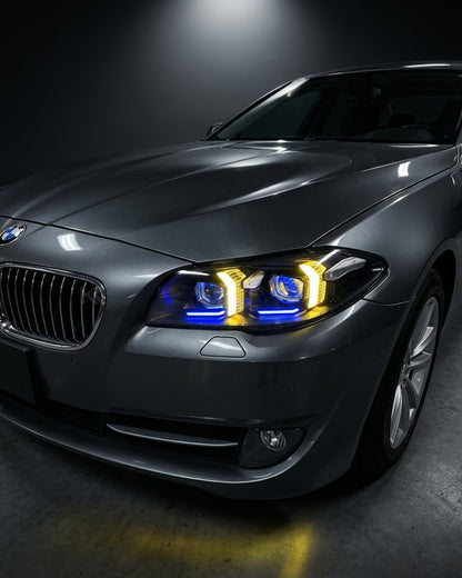 BMW 5 Series F10/F18 LED headlight assembly with high and low beam from K2 Industries, showing the detailed headlight unit.