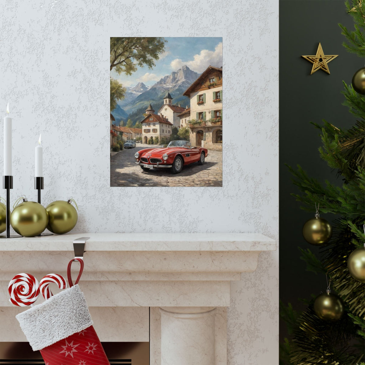 Vintage 1957 BMW 507 Roadster Poster | Bavarian Alpine Village Wall Art | Impressionist European Classic Sports Car Fine Art Paper Print