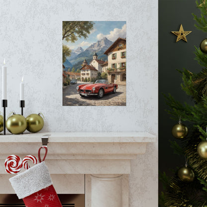 Vintage 1957 BMW 507 Roadster Poster | Bavarian Alpine Village Wall Art | Impressionist European Classic Sports Car Fine Art Paper Print