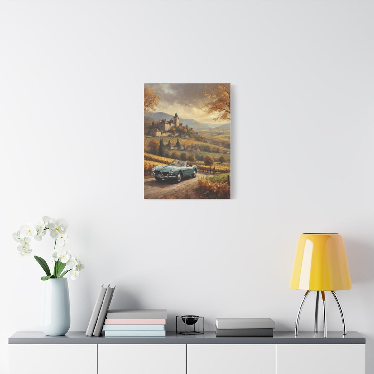 Vintage 1957 BMW 507 Roadster Canvas Wall Art | Autumn Vineyard Castle Valley Canvas Print | Impressionist Classic European Sports Car Art for Living Room & Office