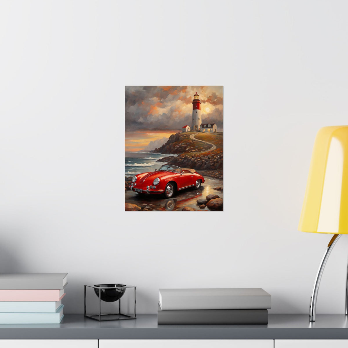 Vintage 1956 Porsche 356 Speedster Poster | Coastal Lighthouse Sunset Wall Art | Impressionist European Classic Sports Car Fine Art Paper Print