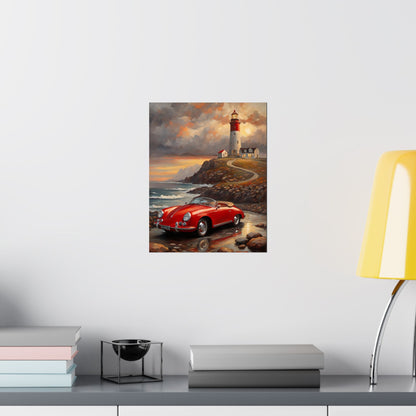 Vintage 1956 Porsche 356 Speedster Poster | Coastal Lighthouse Sunset Wall Art | Impressionist European Classic Sports Car Fine Art Paper Print