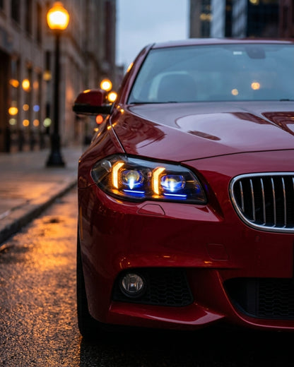 BMW 5 Series F10/F18 LED headlight assembly with high and low beam from K2 Industries, showing the front view of the headlight unit.