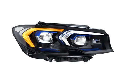BMW 3 Series G20 G28 LCI Style LED headlights upgrade by K2 Industries, showcasing sleek headlight design with LED accents.