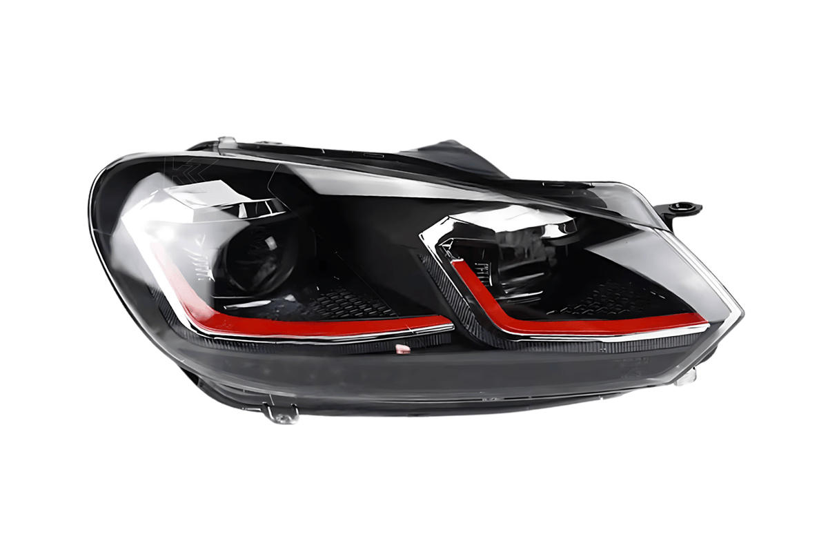 Volkswagen Golf MK6 headlights by K2 Industries featuring projector lenses, LED signals, in red, silver, and black colors.