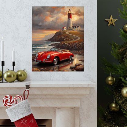 Vintage 1956 Porsche 356 Speedster Poster | Coastal Lighthouse Sunset Wall Art | Impressionist European Classic Sports Car Fine Art Paper Print