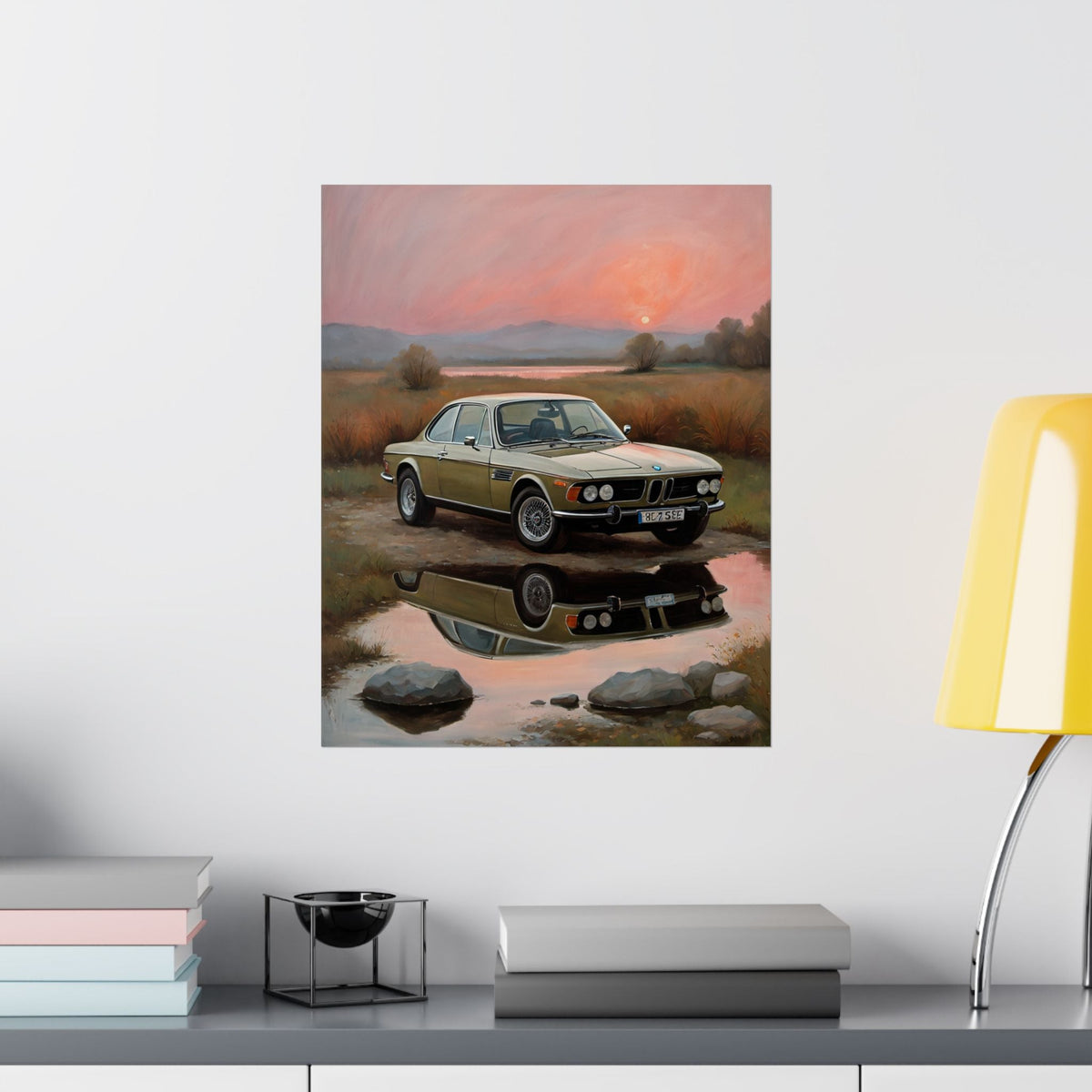 1973 BMW 30 CSL Wall Art Polaris Silver Gold Lake Sunset Water Reflection Poster Classic German Sports Coupe Oil Painting Fine Art Print for Home Office Decor