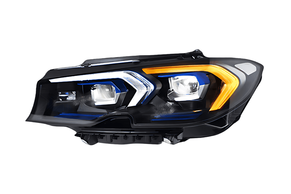 BMW 3 Series G20 G28 LED headlights upgrade by K2 Industries, showcasing sleek, modern daytime running lights and headlight assembly.