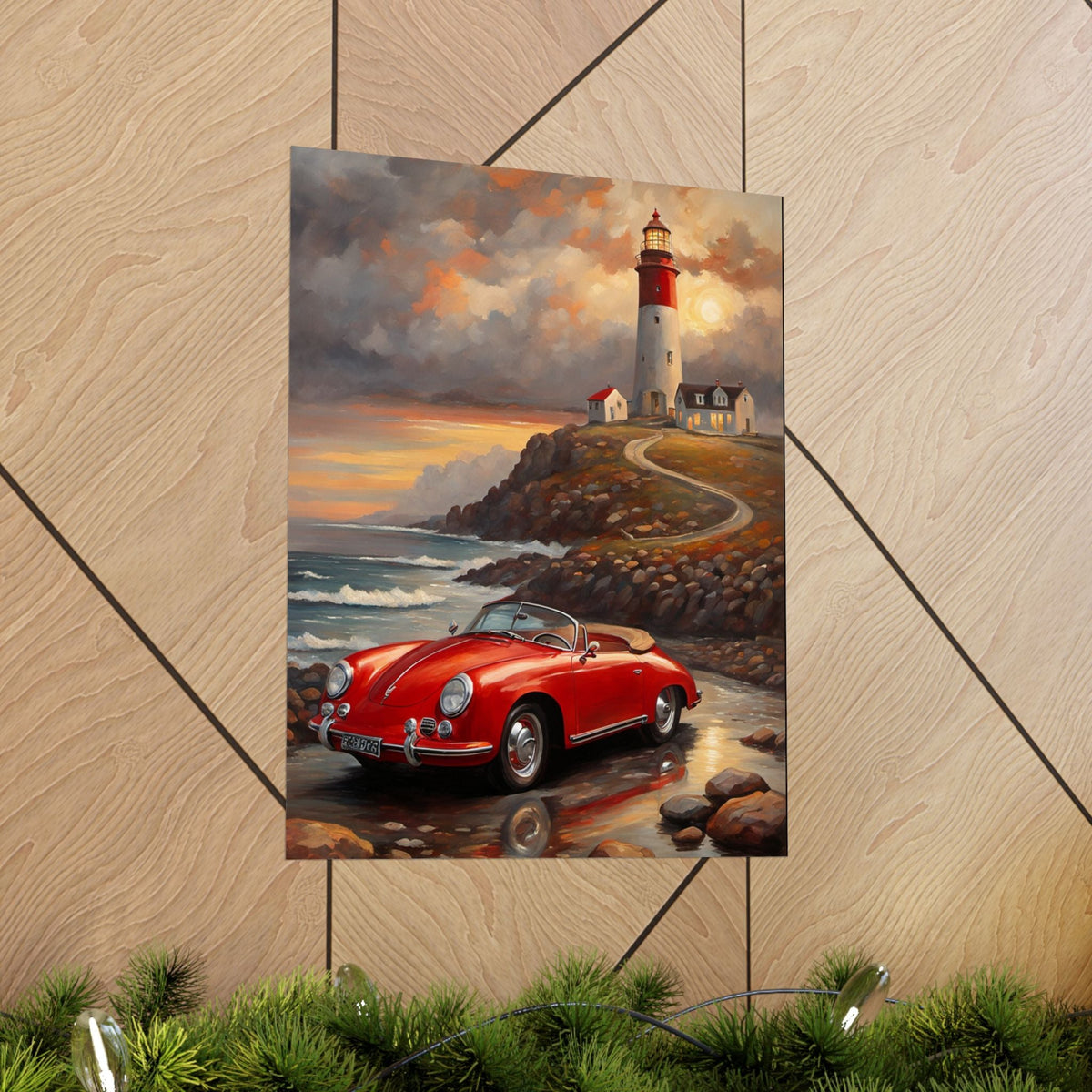 Vintage 1956 Porsche 356 Speedster Poster | Coastal Lighthouse Sunset Wall Art | Impressionist European Classic Sports Car Fine Art Paper Print