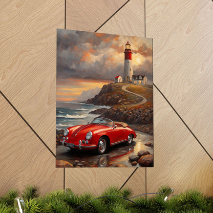 Vintage 1956 Porsche 356 Speedster Poster | Coastal Lighthouse Sunset Wall Art | Impressionist European Classic Sports Car Fine Art Paper Print