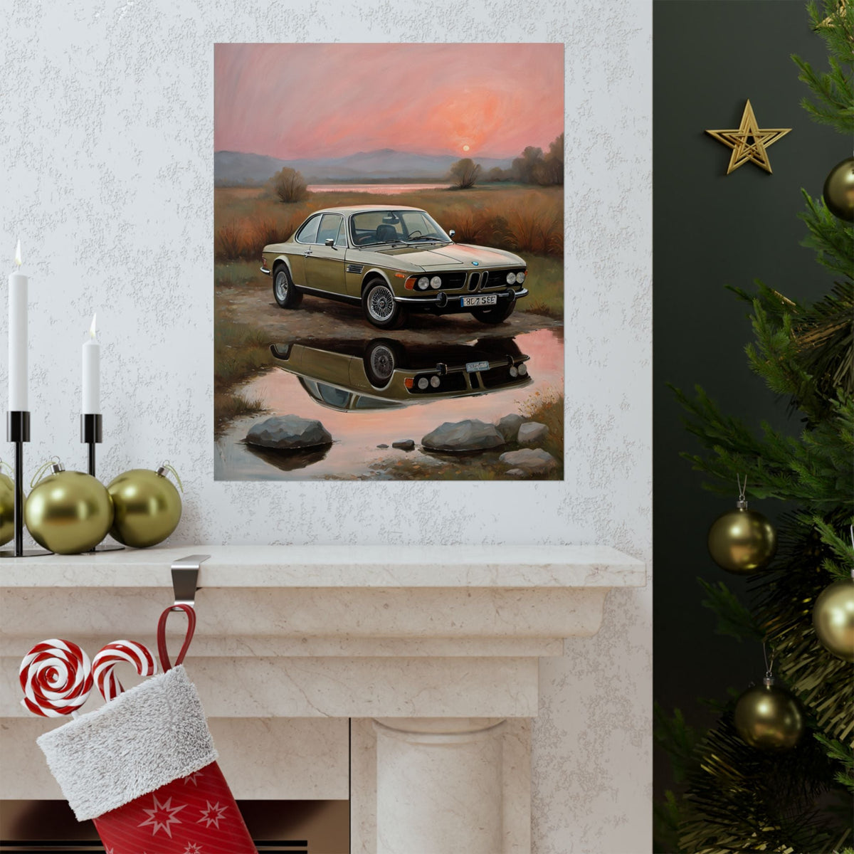 1973 BMW 30 CSL Wall Art Polaris Silver Gold Lake Sunset Water Reflection Poster Classic German Sports Coupe Oil Painting Fine Art Print for Home Office Decor