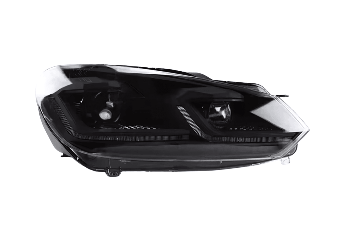 Volkswagen Golf MK6 headlights by K2 Industries with red, silver, black projector lenses and dynamic signal LED lights (2009-2013).