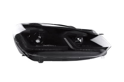 Volkswagen Golf MK6 headlights by K2 Industries with red, silver, black projector lenses and dynamic signal LED lights (2009-2013).