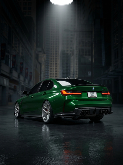 K2 Industries BMW 3 Series G80 M3 G82 G83 M4 Euro style carbon fiber rear diffuser for 2019-2024 models, showcasing sleek aerodynamic design.