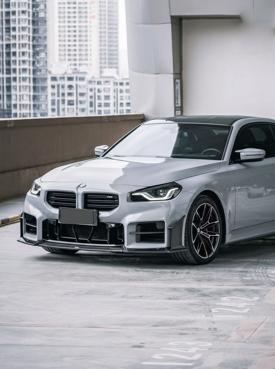 BMW 2 Series G87 M2 carbon fiber front bumper center lower grille kit by K2 Industries, showcasing the sleek, textured design.
