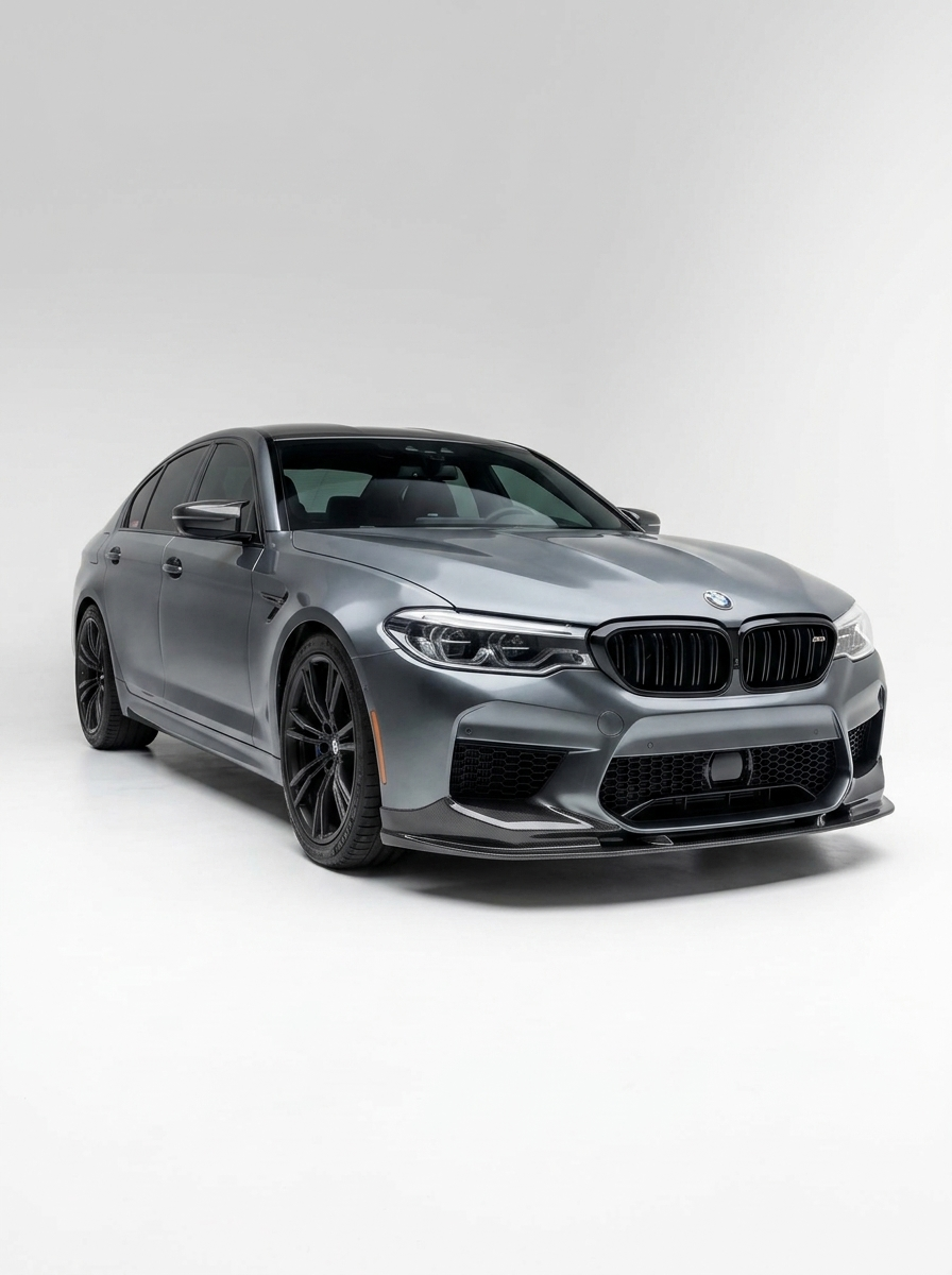 BMW 5 Series F90 M5 3D Style carbon fiber front lip by K2 Industries, showcasing sleek, aerodynamic design on a black car.