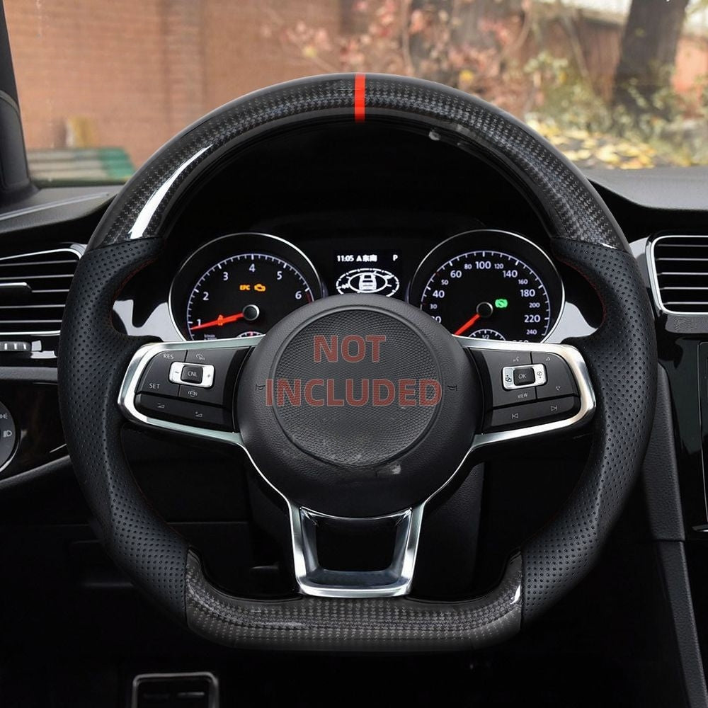 Vekto carbon fiber steering wheel for VW Golf 7 GTI R Mk7 showing the sleek black and textured carbon fiber surface.