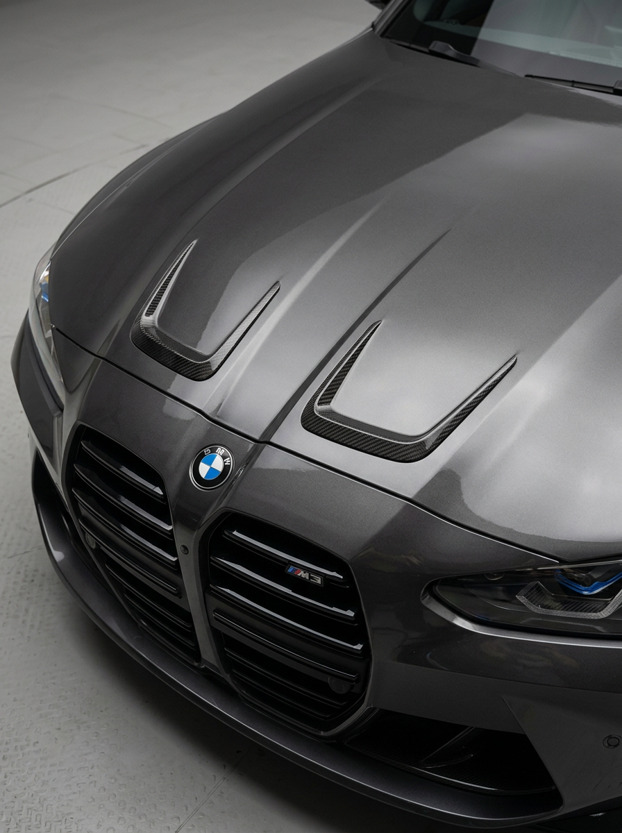 BMW 3/4 Series G80/G81/G82/G83 carbon fiber hood vents by K2 Industries, showcasing sleek, lightweight vent design on a 2021+ vehicle.