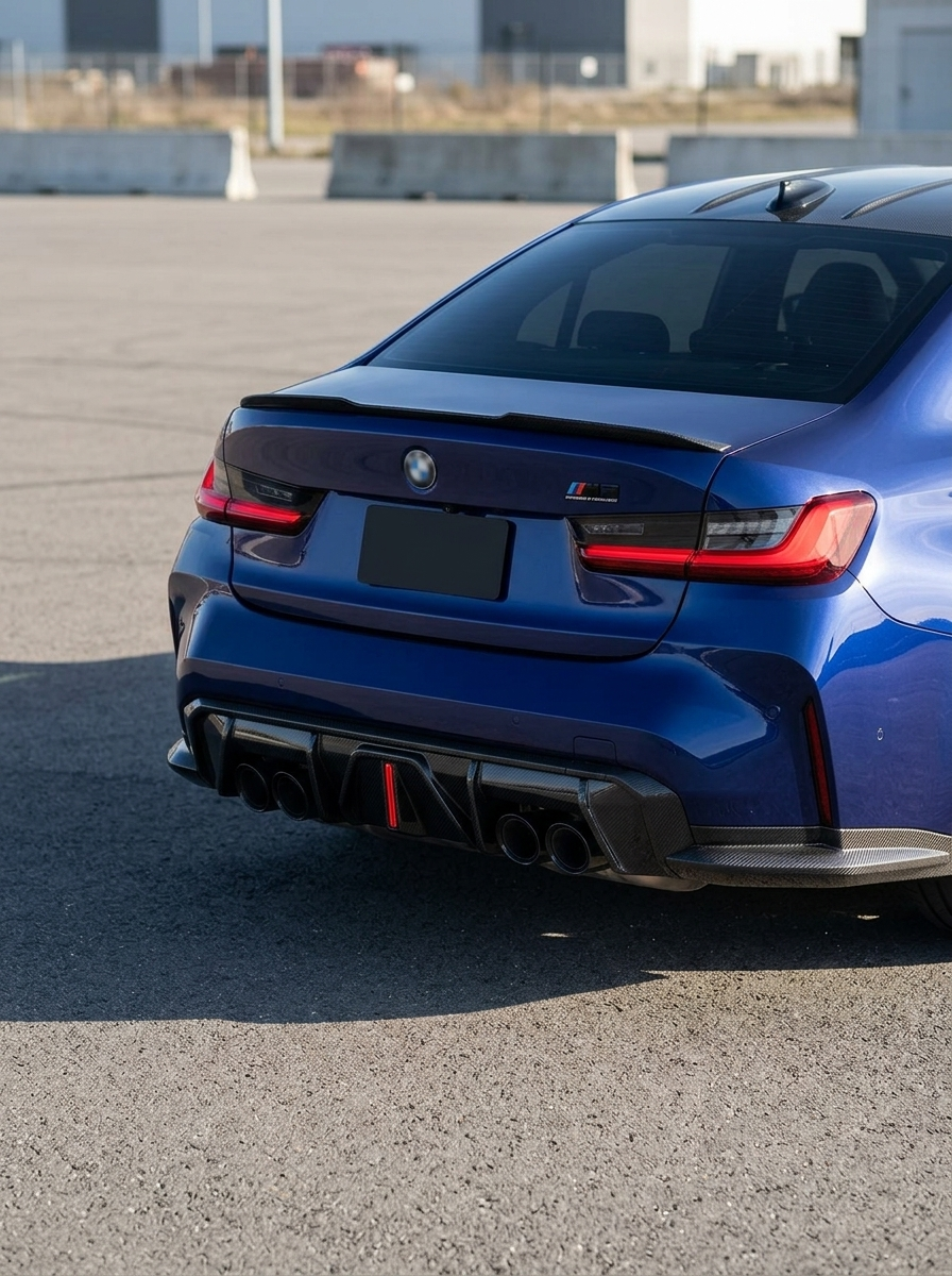 BMW 3 Series G80 M3 G82 G83 M4 carbon fiber rear diffuser with LED lights, designed for 2019-2024 models by K2 Industries.