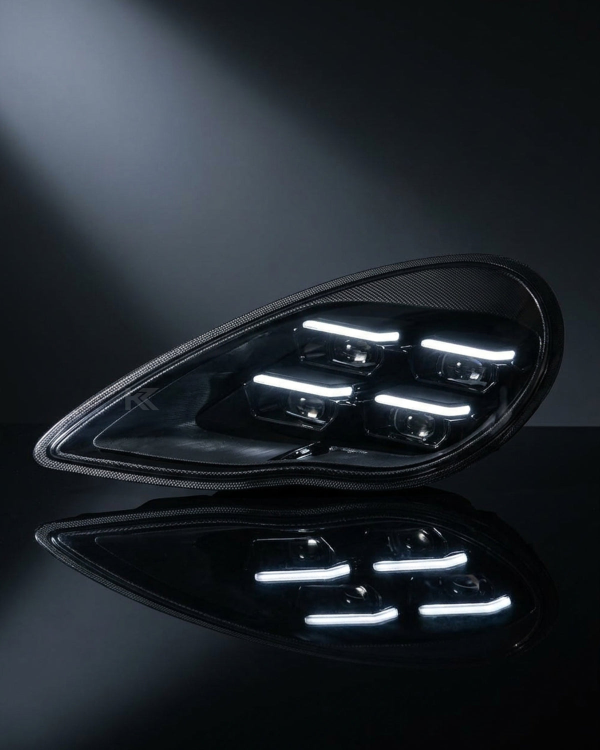 K2 Industries Porsche Panamera 970.1 LED headlight assembly with dual-color daytime running lights for 2010-2013.