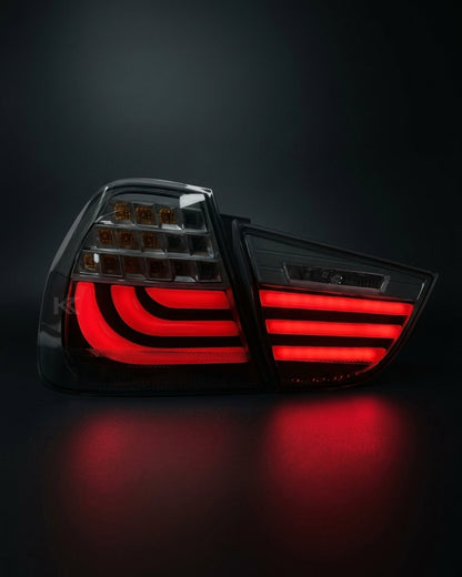 BMW 3 Series E90 upgraded LED tail light assembly by K2 Industries, showing the sleek red and clear lens design for 2009-2012 models.