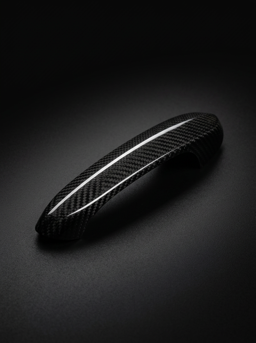 BMW 4 Series G82 M4 carbon fiber door handle cover by K2 Industries, showcasing sleek black carbon fiber surface and precise fit.