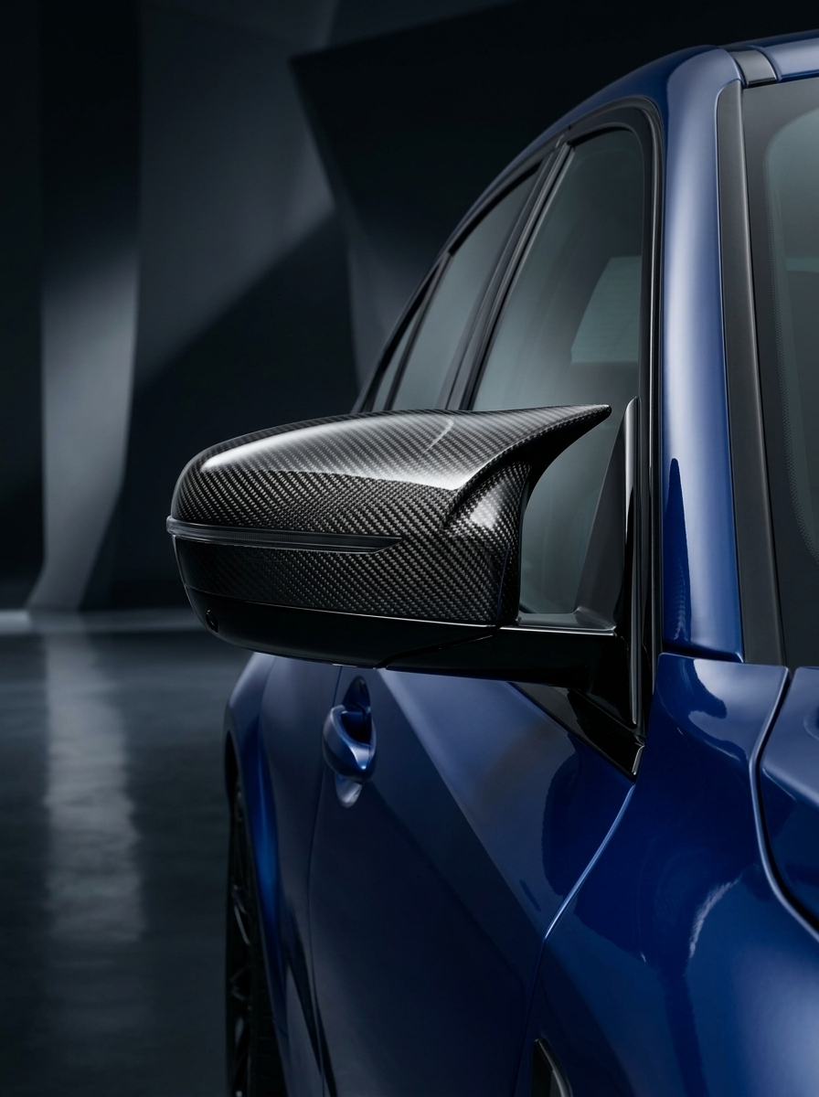 BMW 1 and 2 Series F20 F21 F22 F32 F87 M135i M140i carbon fiber side mirror covers by K2 Industries, showing sleek, lightweight design.