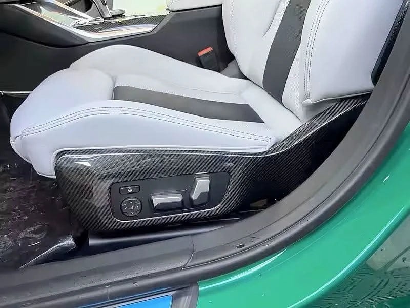 BMW 3 Series G80 M3 G82 M4 carbon fiber interior side seat trim frame panel cover bezel by K2 Industries.