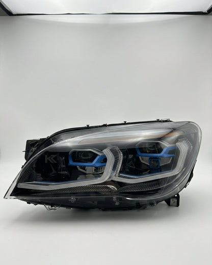 BMW 7 Series F02 G12 LED headlight assembly with dual-color yellow and white DRL by K2 Industries, 2013-2015 model.