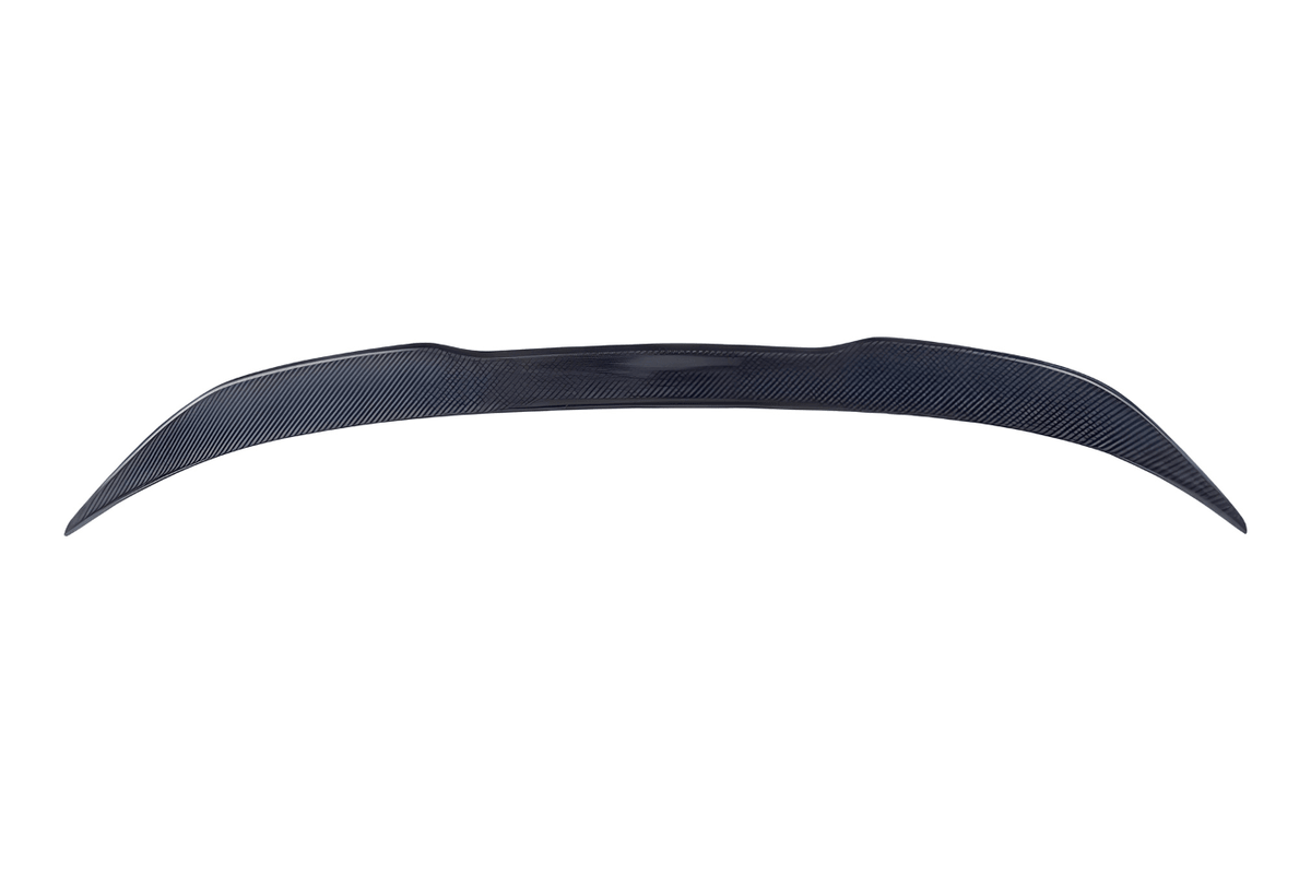 BMW 3 Series G20 G28 G80 M3 carbon fiber trunk spoiler by K2 Industries, showcasing sleek, aerodynamic design on a black vehicle.