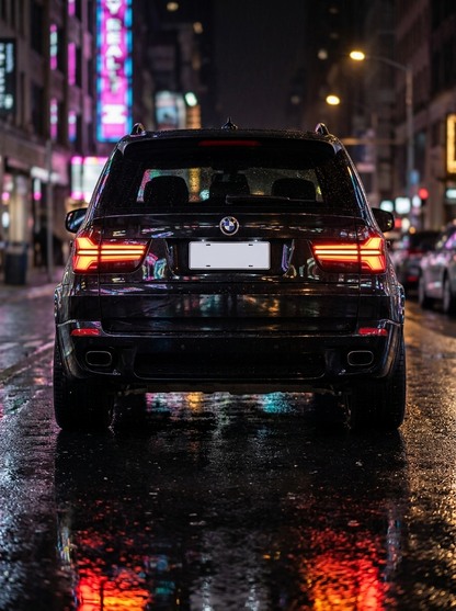 BMW X5 E70 tail light assembly with 35W LED running lights and dynamic turn signal, replaces 63217167055, by K2 Industries.