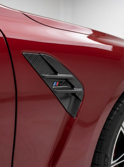 K2 Industries carbon fiber fender vents for BMW 3/4 Series G80, G81, G82, G83 models, showcasing sleek car side accents
