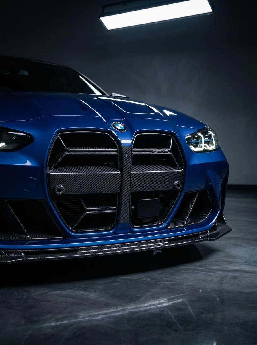 K2 Industries carbon fiber front grille for BMW M3 G80 and M4 G82 CSL style, featuring sleek, lightweight design and aggressive styling.