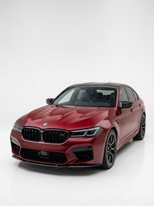 BMW 5 Series F90 M5 LCI ST Style carbon fiber front lip, K2 Industries, designed for 2020+ model, showcasing sleek aerodynamic design.