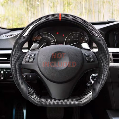 Vekto carbon fiber steering wheel for BMW E90 E91 E92 E93, showcasing sleek black carbon fiber surface and ergonomic design.