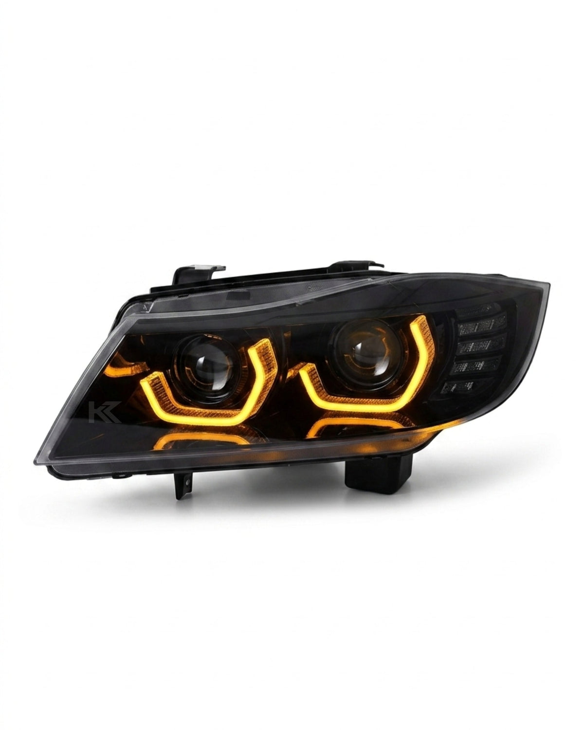 BMW 3-Series E90/E91 headlights by K2 Industries, featuring sleek design and clear lens for 2005-2012 models.