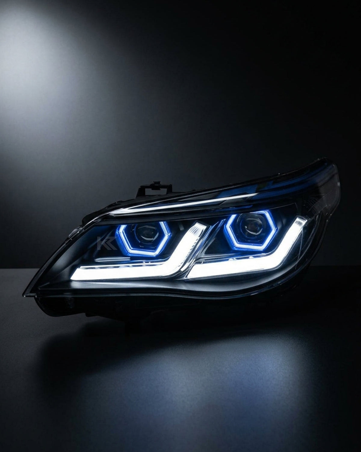 K2 Industries BMW 5-Series E60 E61 LED headlights for 2003-2010, modern style with clear lenses and integrated LED daytime running lights.