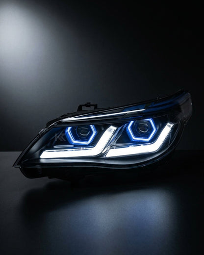 K2 Industries BMW 5-Series E60 E61 LED headlights for 2003-2010, modern style with clear lenses and integrated LED daytime running lights.