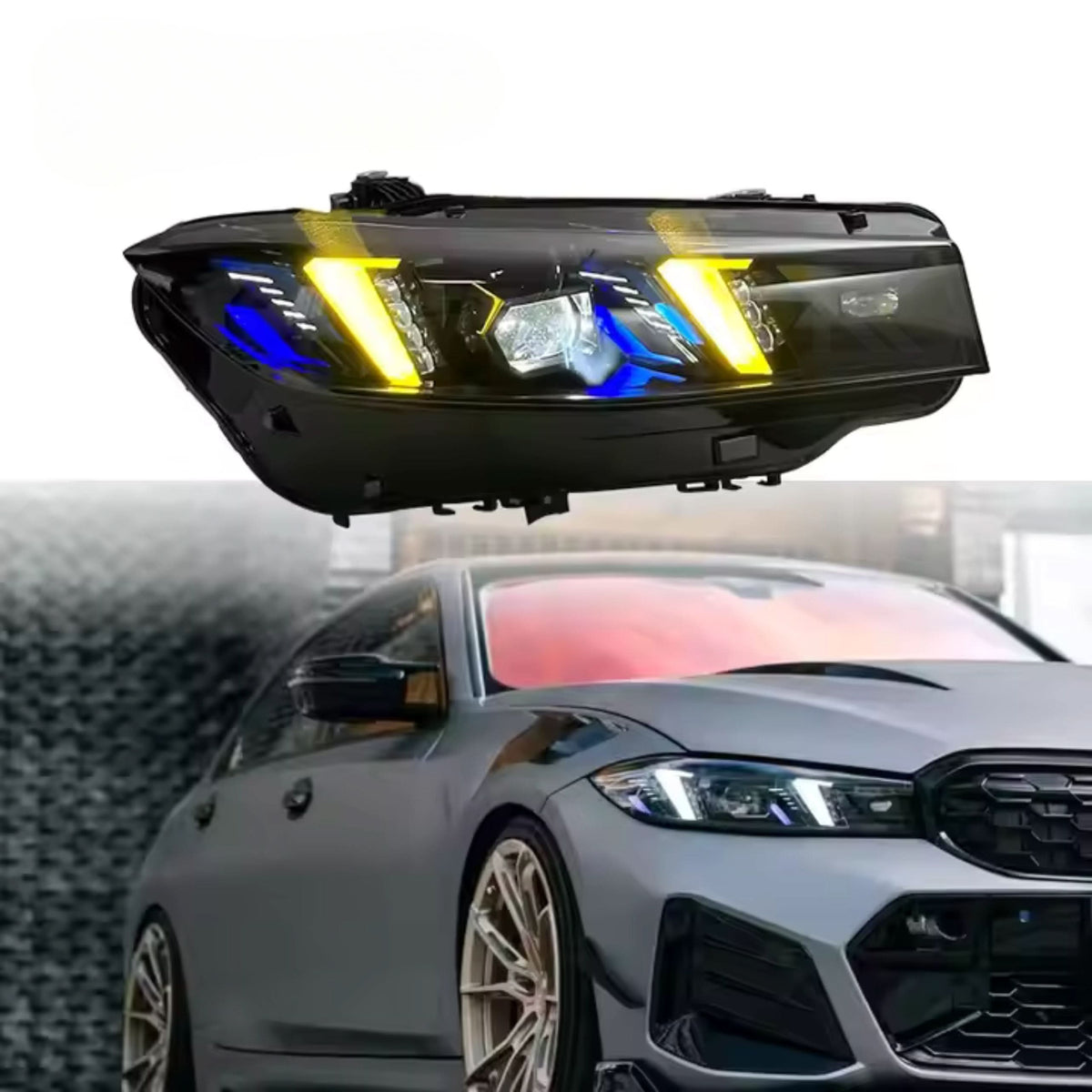 BMW 3 Series G20 G28 Snake Eyes Style CSL LED headlights by K2 Industries, showing the sleek headlight design and LED detail.