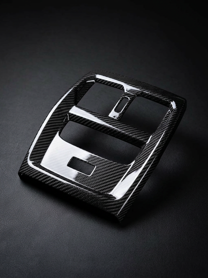 BMW 3 Series G80 G82 M3 M4 carbon fiber rear console trim by K2 Industries, showing sleek, textured interior automotive accessory.