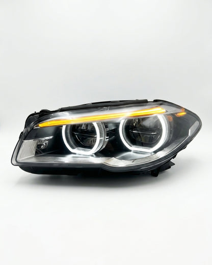 BMW 5 Series F10/F11/F18 factory style LED headlights by K2 Industries, showcasing the sleek design and LED illumination.