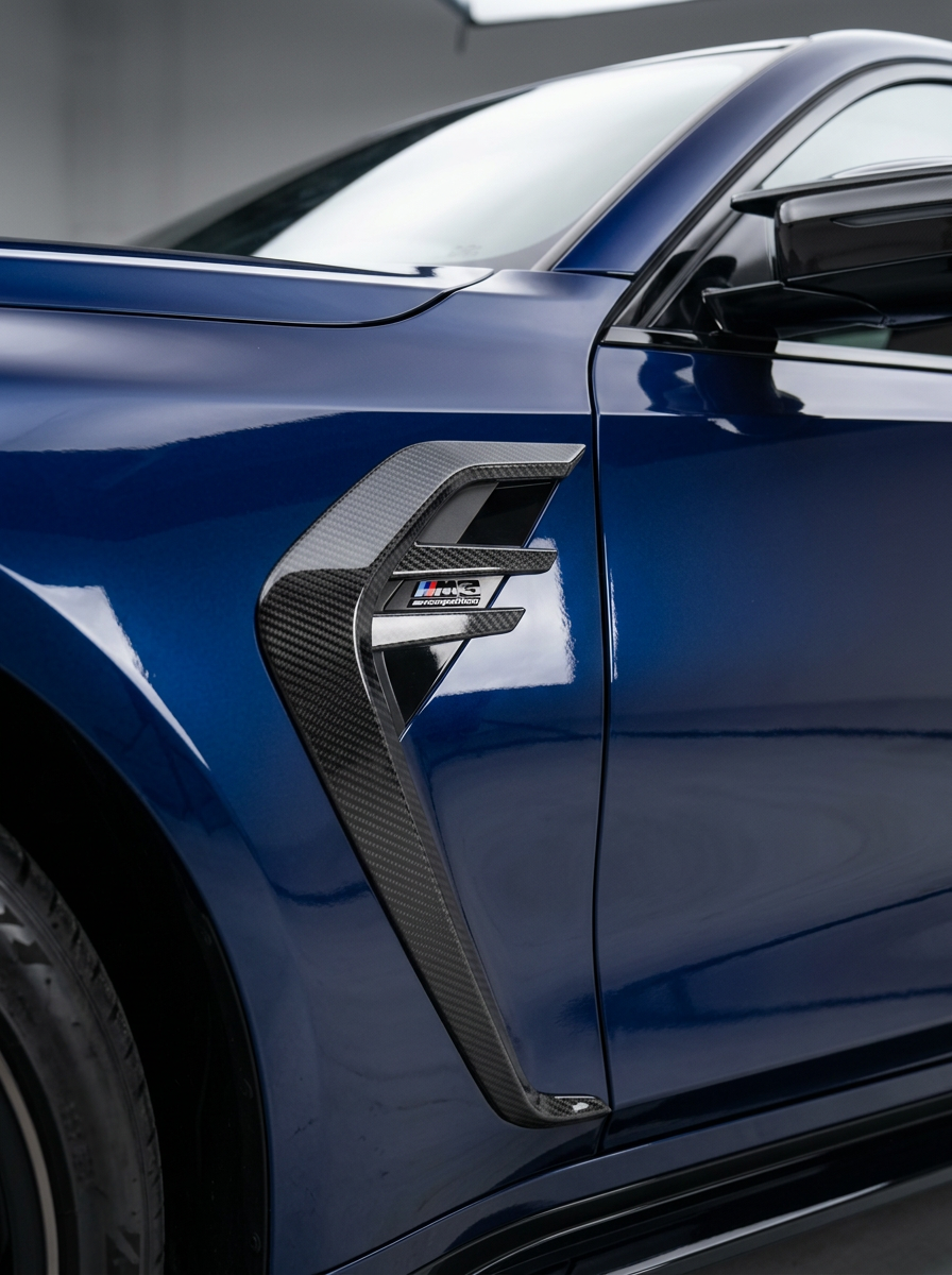 BMW 3/4 Series G80/G81/G82/G83 dry carbon fiber fender vents by K2 Industries, showcasing sleek aerodynamic design and textured finish.