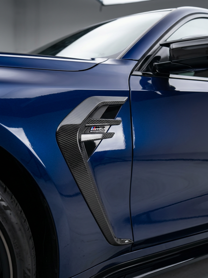 BMW 3/4 Series G80/G81/G82/G83 dry carbon fiber fender vents by K2 Industries, showcasing sleek aerodynamic design and textured finish.