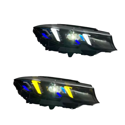 K2 Industries BMW 3 Series G20 G28 Snake Eye Style Sequential LED Headlights, front view showing sleek design and LED light pattern