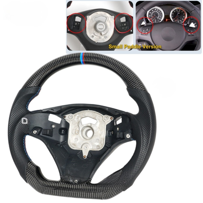 Vekto carbon fiber steering wheel for BMW E90 E92 E93 2009-2020, close-up view of the sleek, textured wheel surface.