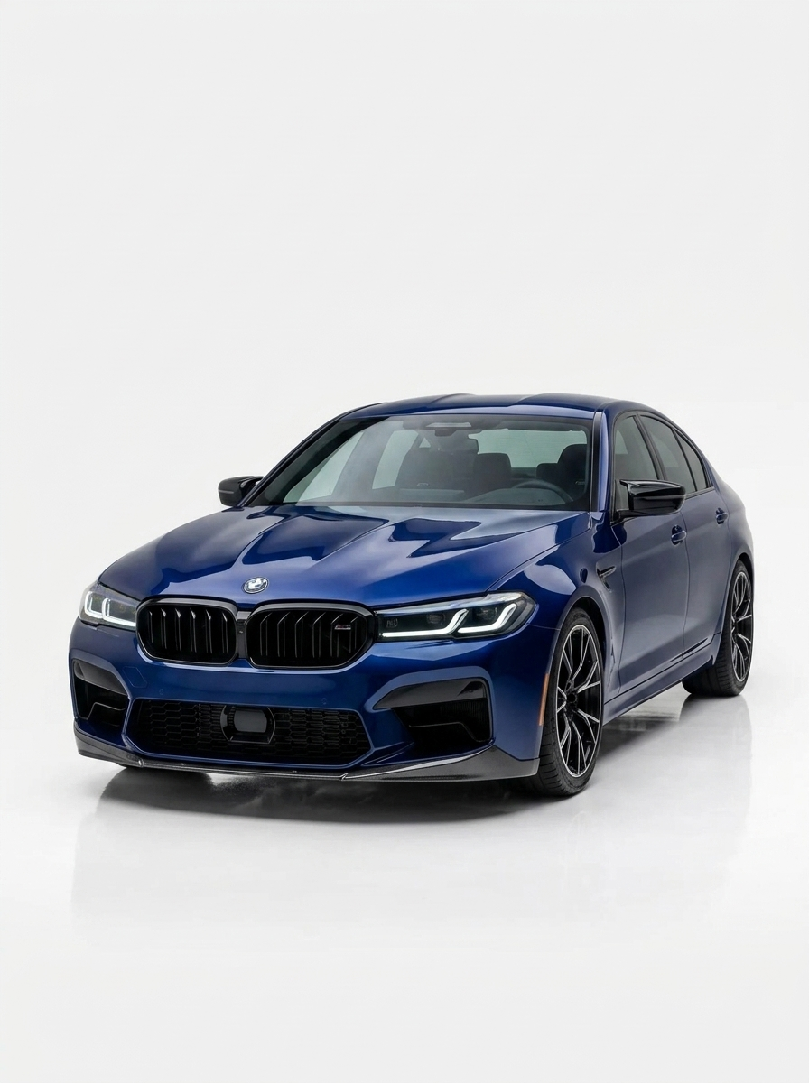 BMW 5 Series F90 M5 LCI CS Style carbon fiber front lip by K2 Industries installed on the car's front bumper.
