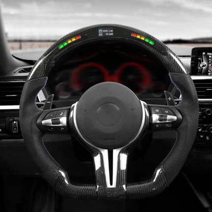 Vekto BMW E90/E91/E92/E93 M3 E70/E71/E72 E84 X1 M Performance steering wheel with black leather and carbon fiber accents.