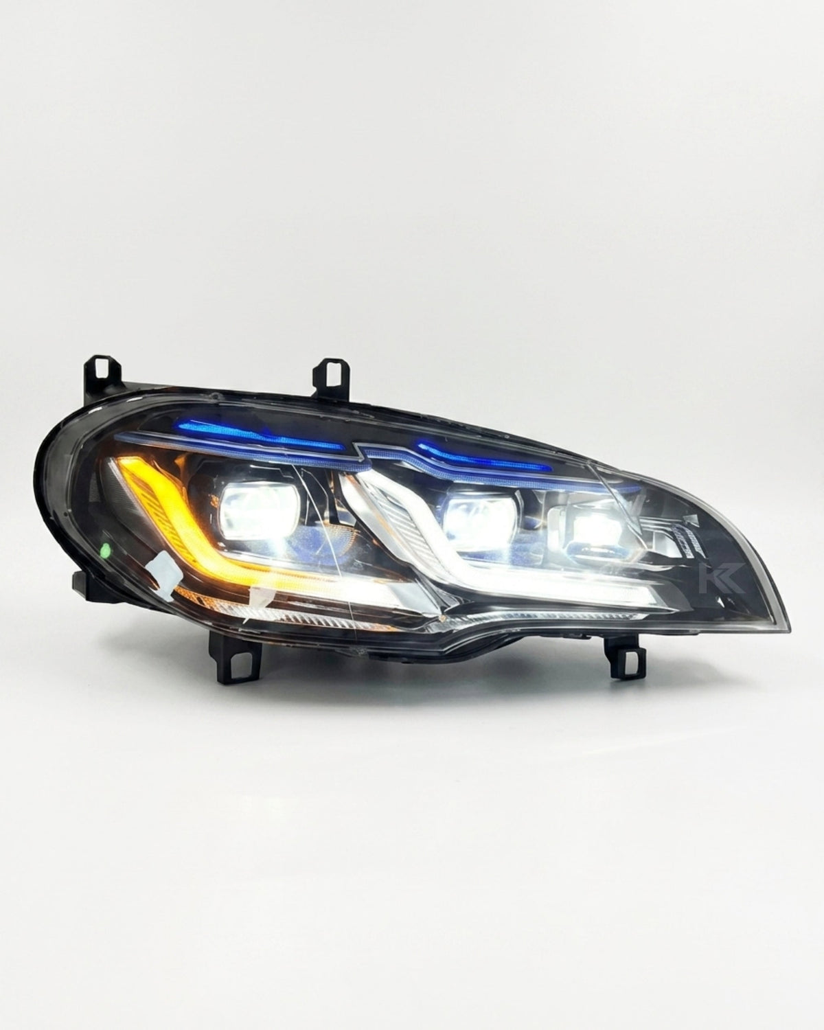 BMW X5 E70 LED headlights upgrade by K2 Industries, showing close-up of sleek, modern headlight design for model years 2007-2013.